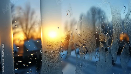 Winter Sunrise Through Frozen Window: Abstract Views of Cold Weather Season Morning