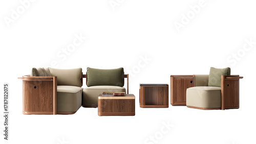 Sectional seating modern wood, beige fabric, olive pillows