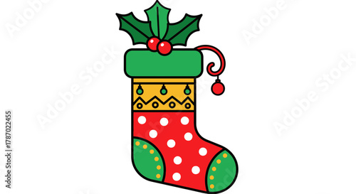 Festive Christmas stocking illustration with holly for holiday joy
