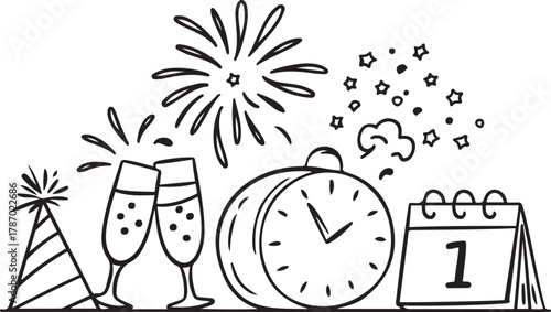 New Year Celebration Line Art Icons Clock Champagne Fireworks Confetti Calendar Party Hat
