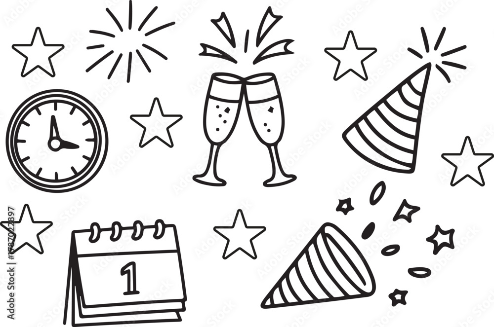 Fototapeta premium New Year Celebration Line Art Icons Clock Champagne Fireworks Confetti Calendar Party Hat 