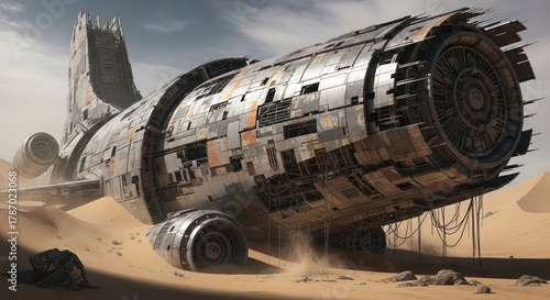 Fototapeta Naklejka Na Ścianę i Meble -  Wrecked spacecraft amidst desert sands, a forgotten relic of interstellar voyages hinting at a