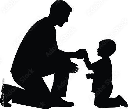 Adult and child silhouette, parenting moment vector, nurturing interaction scene, care and guidance concept, cad drawing flat vector illustration