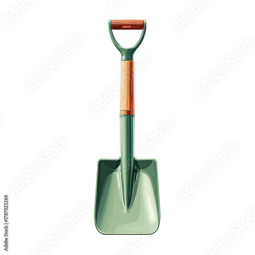 Green shovel with wooden handle, isolated on black ground