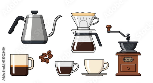 Coffee Brewing Process with Pour Over and Espresso Equipment in Kitchen