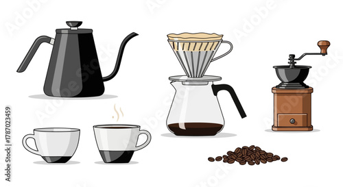 Coffee Brewing Equipment and Fresh Coffee Beans for Home Barista Setup