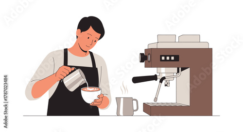Barista Preparing Fresh Coffee with Espresso Machine in Modern Cafe
