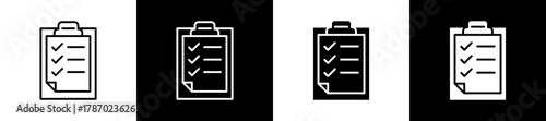 Listing icon set in line and glyph style on black and white background