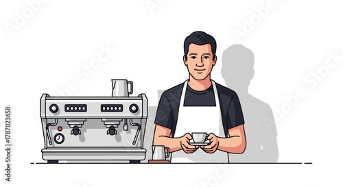 Young Male Barista Operating Coffee Machine in Modern Cafe