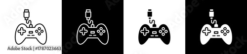 Gamer icon set in line and glyph style on black and white background