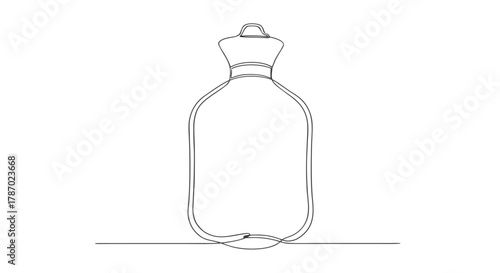 One continuous line drawing of a classic hot water bottle with neck and cap, minimal abstract warmth and comfort art on white background