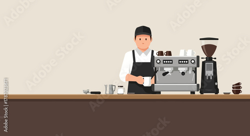 Barista Preparing Coffee with Coffee Machine and Grinder in Caf Setting