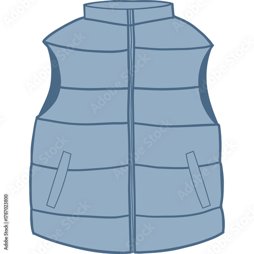 A Light Blue Sleeveless Puffer Vest with Two Front Pockets and a Zipper in the Center Isolated on a White Background with a Transparent Overlay Ready for Design Mockups
