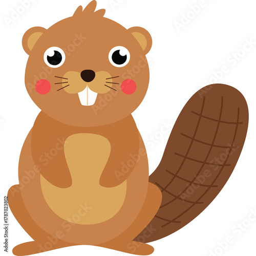 Adorable Cartoon Beaver with Big Eyes and Pink Cheeks Standing on Transparent Background