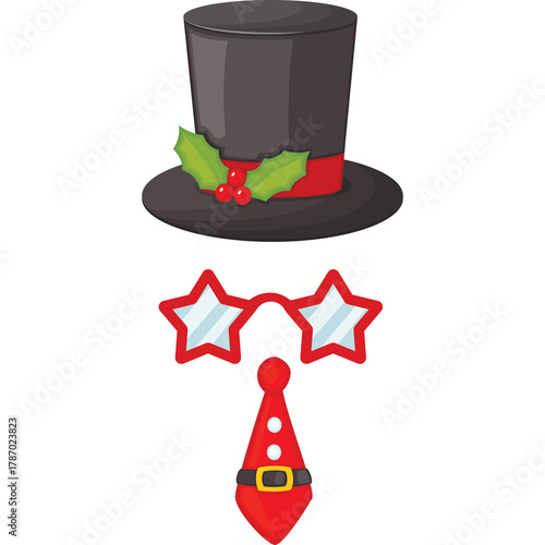 Black Top Hat With Red Ribbon And Holly Berries Beside Star Shaped Glasses And Red Necktie With Santa Buckle On Transparent Background