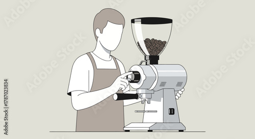 Young Man Using Coffee Grinder in Modern Kitchen for Freshly Ground Coffee