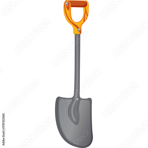 A brightly colored orange handled shovel with a gray metal scoop on a transparent white background