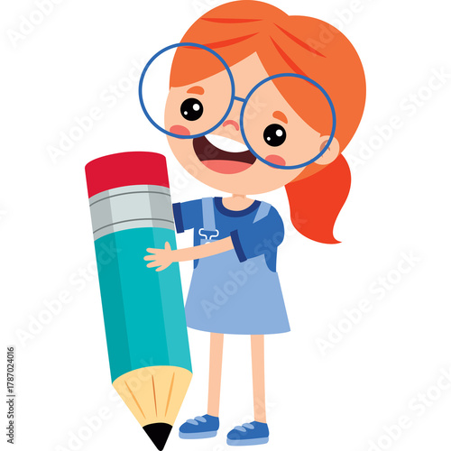 Cartoon Girl with Orange Hair and Glasses Holding a Large Teal Pencil with Red Cap on a Transparent Background