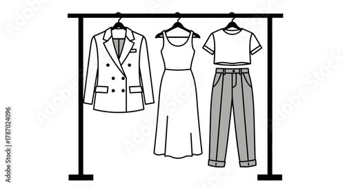 Elegant women's clothing collection on a sleek modern clothing rack