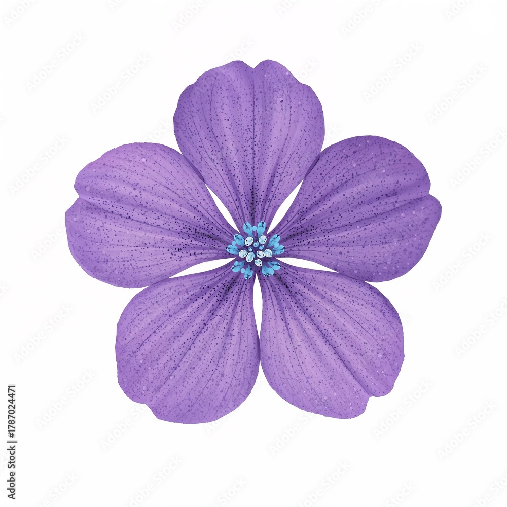 Fototapeta premium Vibrant purple five-petal flower with blue center, isolated image