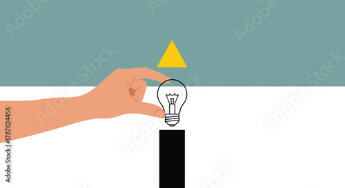 A hand delicately holds a light bulb with a yellow triangle above it, representing a new idea or innovation