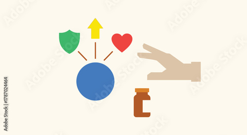 A hand reaches towards a small bottle, while a blue sphere emits icons of a shield, upward arrow, and heart