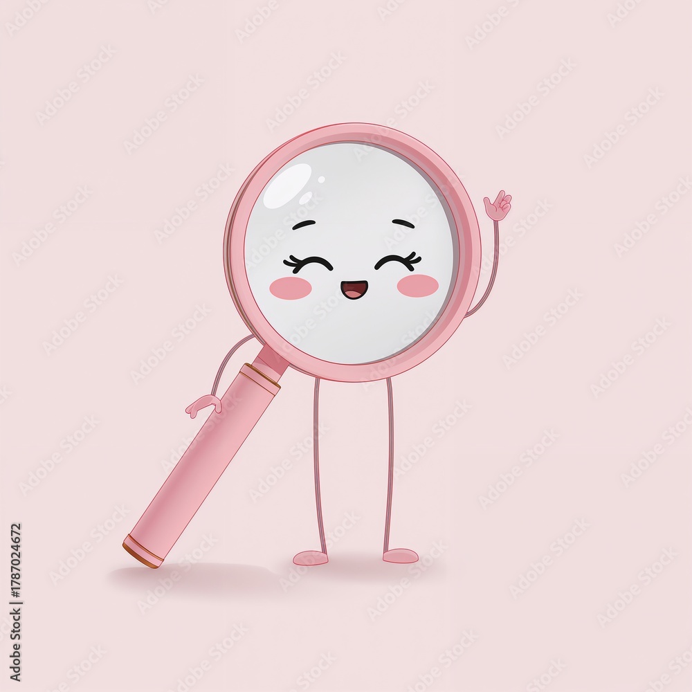 Fototapeta premium Happy pink magnifying glass character waving on a light pink