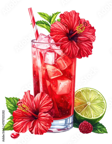 Sweet and tart agua de jamaica, a popular mexican hibiscus beverage in a clear glass, isolated on a white background