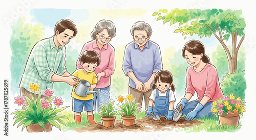 Family gardening planting flowers with love