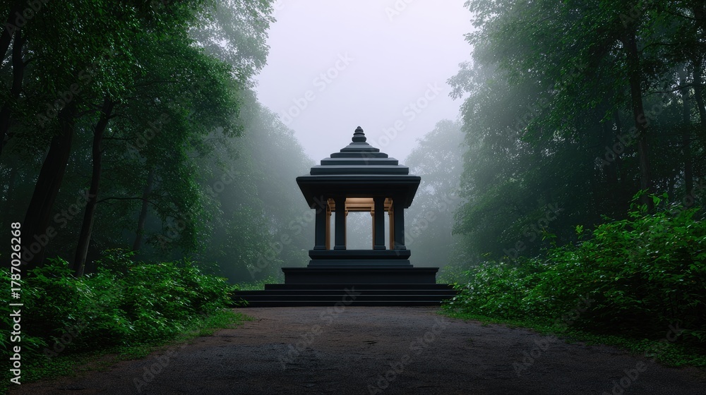 Obraz premium Serene Misty Landscape Featuring a Majestic Temple Surrounded by Lush Greenery in a Foggy Forest Setting