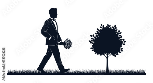 Elegant groom walking with flowers toward love and a new beginning