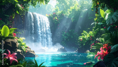Sunbeams illuminate a stunning tropical waterfall in the jungle. Tropical rainforest waterfall glowing with beautiful sunlight. Nature’s wonder: Sunlit waterfall in a lush tropical jungle