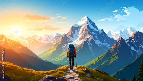 Hiker enjoying a sunset view of majestic mountains in the distance. Epic mountain adventure at sunset with a lone hiker on the peak. Hiker at sunset gazing at breathtaking mountain landscapes