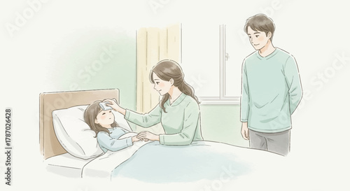 A mother and father lovingly care for their sick daughter with a fever in bed