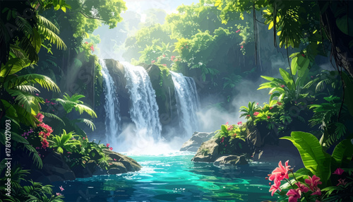 A serene tropical waterfall surrounded by lush green foliage. Explore vibrant nature: A stunning waterfall in a jungle paradise. Tropical waterfall with crystal-clear water and vibrant greenery