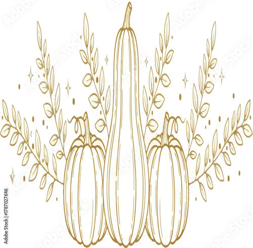 Three harvest pumpkins and gourds with delicate foliage ornament for autumn season celebration