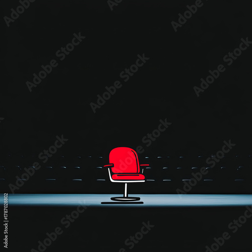Red chair spotlight empty auditorium dramatic mood, modern furniture, dark background