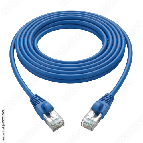 Blue Ethernet cable with connectors, coiled, ready for network connectivity, isolated on white background.