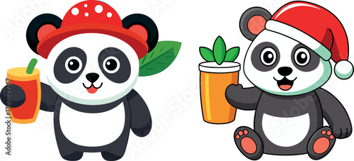 panda cartoon illustration, cute panda artwork, panda with plant vector, animal cartoon design, wildlife panda character, adorable bear drawing, nature loving panda, happy bamboo bear art, forest pand