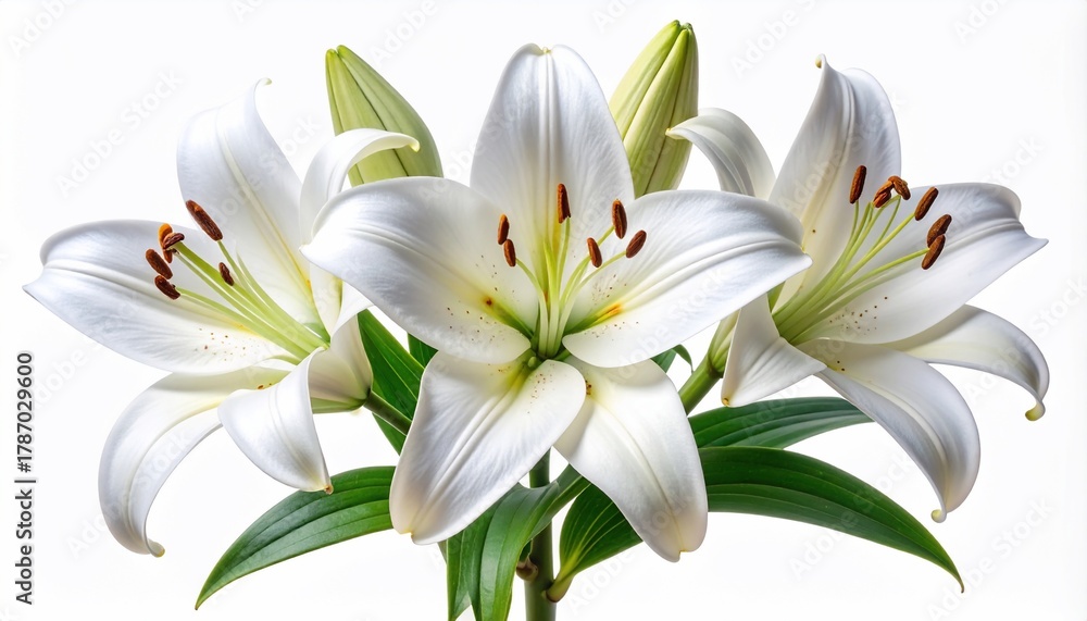 Fototapeta premium Elegant white lilies in full bloom with vibrant green foliage against a white backdrop