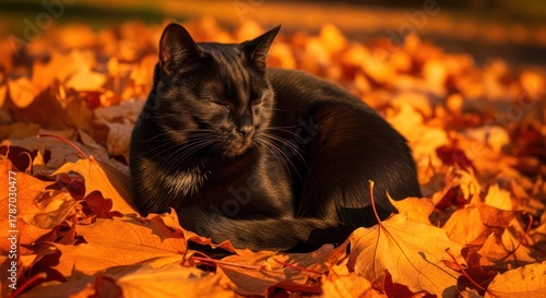 Autumnal feline tranquility: A serene black cat luxuriates amidst vibrant fallen leaves under the