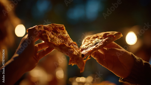 Two hands holding slices of pizza warm, cozy setting, possibly outdoors night. pizza appears to have crispy crust with melted cheese and pepperoni. background is softly lit, creating relaxed