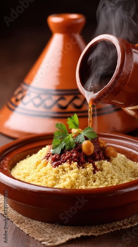 Hand pouring spicy harissa broth into a bowl of couscous noodles, steam rising in golden curls, North African kitchen with terracotta walls, warm spotlight with soft shadows, colors of saffron, deep