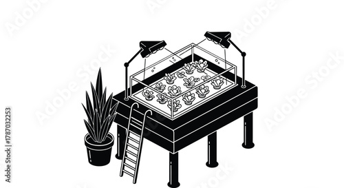 Indoor gardening setup with lights and plants illustration art