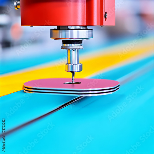 Close up of industrial machine drilling hole in round metal disc, precision engineering process