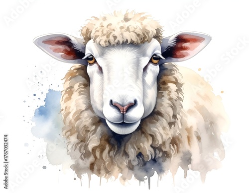 Watercolor portrait of a fluffy white ovine animal with gentle eyes