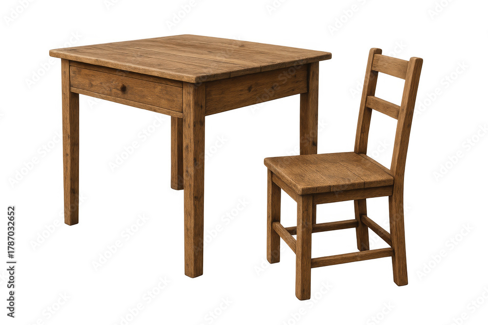Fototapeta premium Solid wooden table and dining chair set creating rustic aesthetic, isolated for home and restaurant furniture concepts