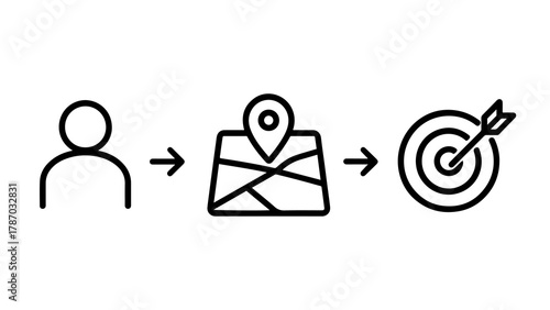 Person Icon Navigating Map to Target Icon Representing Goal Achievement