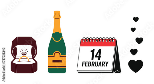 Valentine's day engagement proposal with ring champagne and hearts