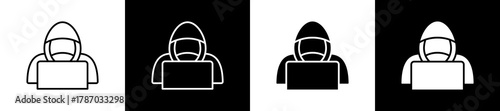 Hacker icon set in line and glyph style on black and white background